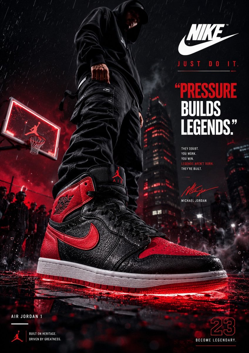 Create an ultra-premium footwear advertising poster designed by a world…