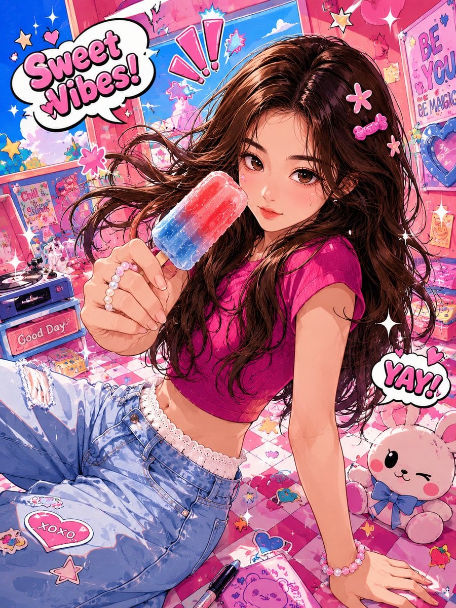 请基于upload image，创作一张 高饱和潮流动漫插画。保留人物基本辨识度，包括脸型、五官关系、发型基础和整体气质，但整体必须明显动漫化…