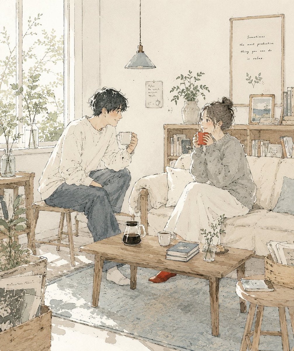 Create a delicate contemporary Japanese lifestyle illustration with a c…