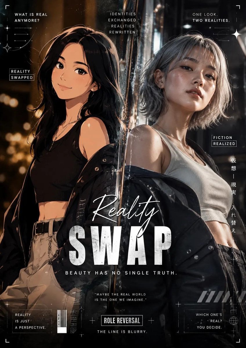 Generate a high-end editorial poster in a Role Reversal (Reality Swap) …