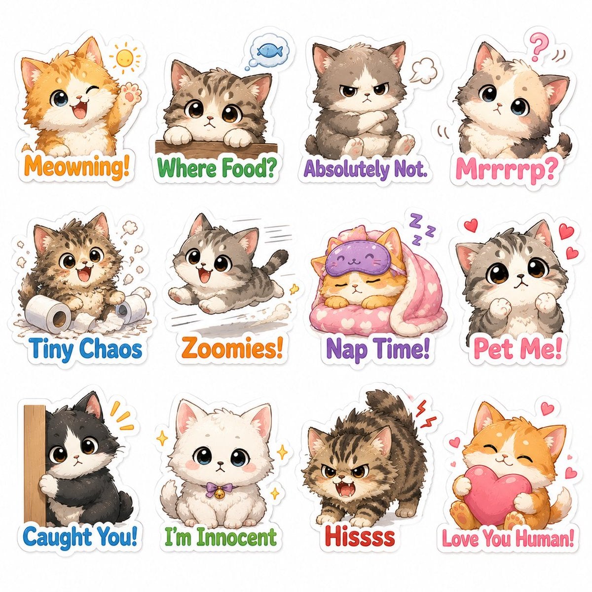 Cute illustrated chibi cat sticker-pack, fluffy kitten design, expressi…