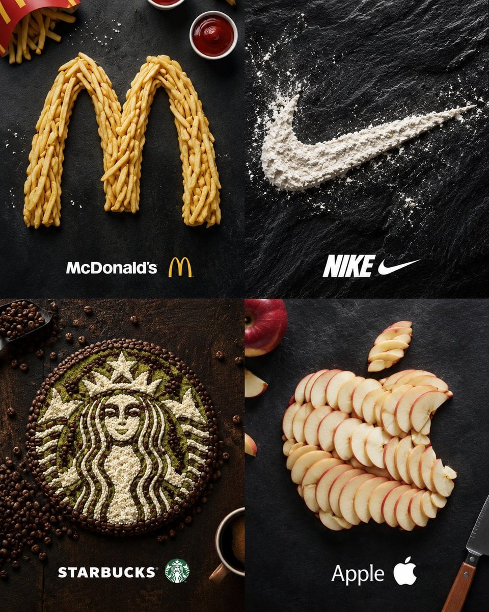 Transform the uploaded brand logo image into a premium food-art adverti…