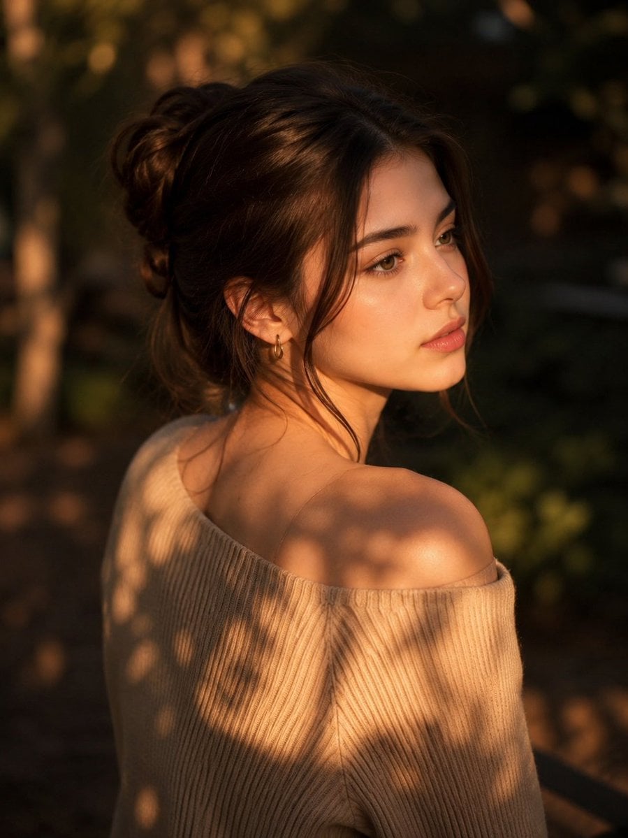 Edit foto wanita tersebut menjadi potret High Angle Sinematik dari seor…