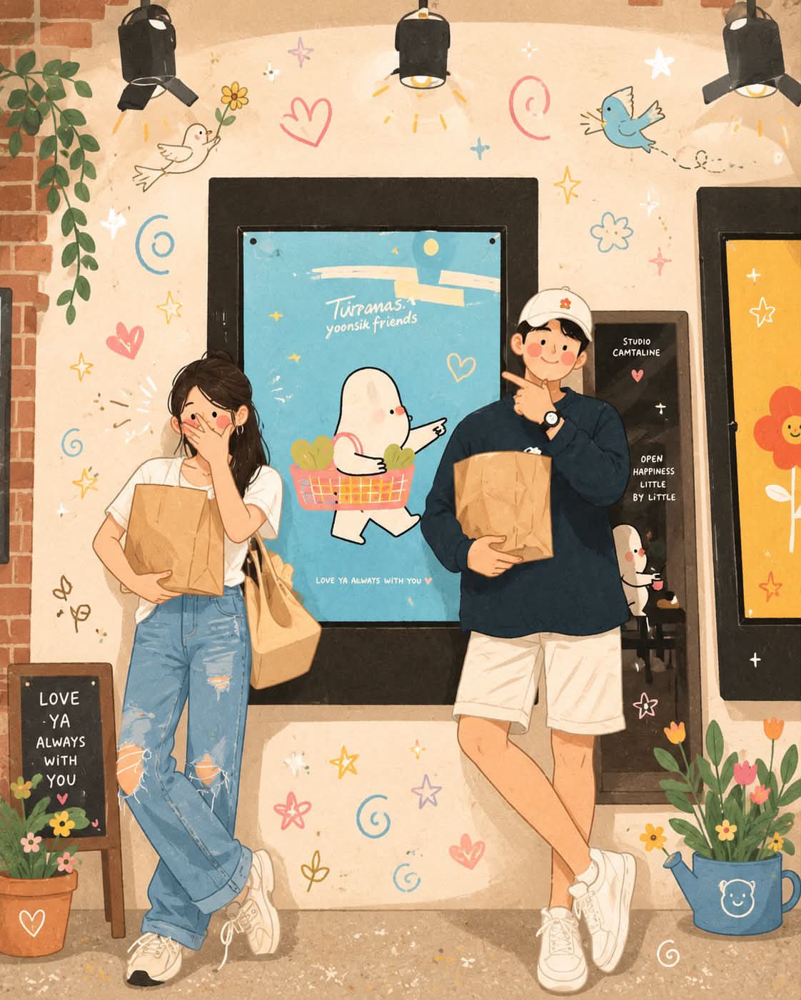 Whimsical Korean-inspired illustration, soft pastel color palette, cozy…