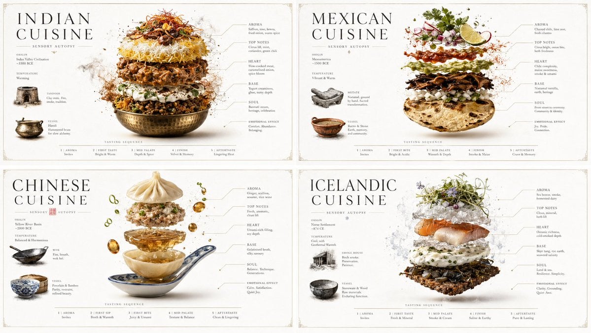2x2 grid, 16:9, do this for Indian, Mexican, Chinese, and Iceland cuisi…
