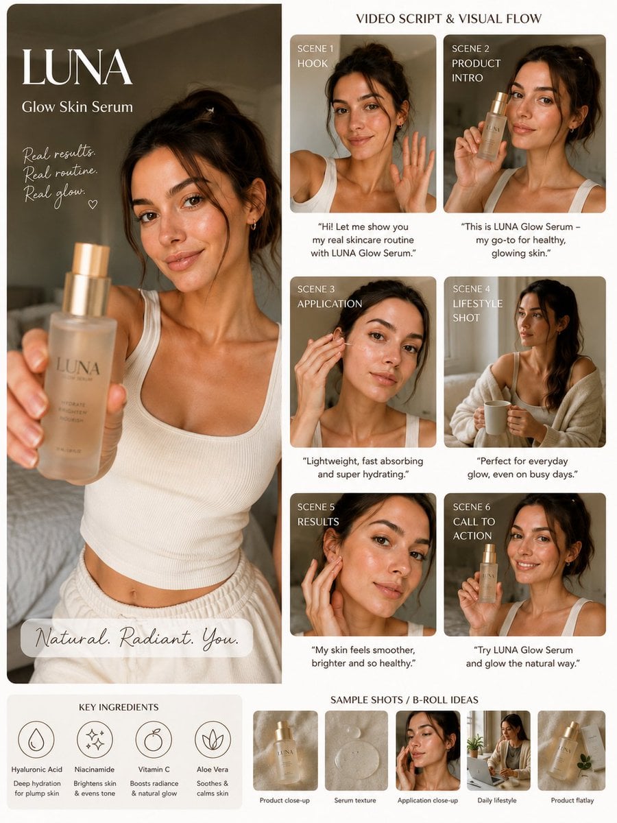 (Luxury AI UGC skincare campaign board), warm beige aesthetic, beautifu…