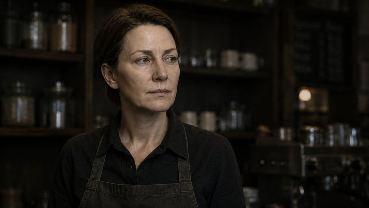 Create an original cinematic photographic portrait of a female barista …