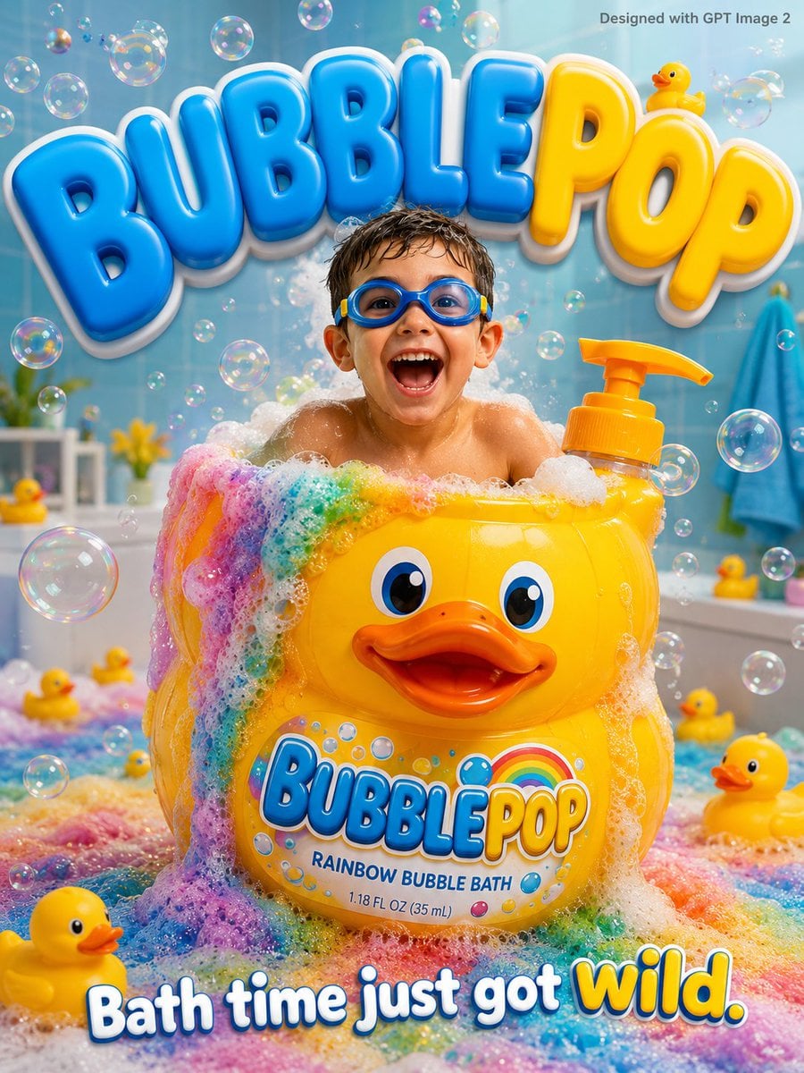 A fun bubbly kids advertisement poster. An excited young boy age 5 in s…