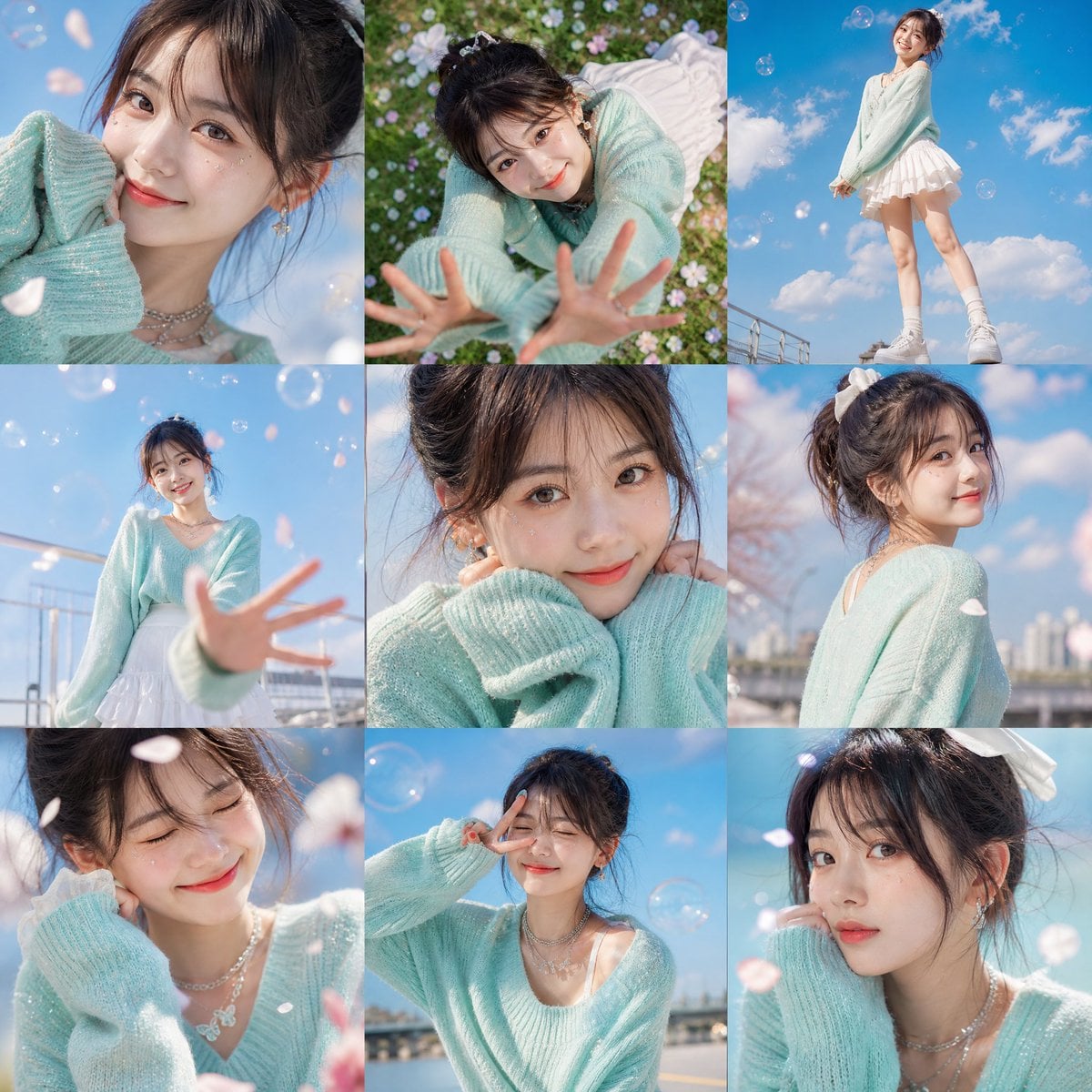 A vibrant 3×3 grid photo collage containing nine unique and expressive …