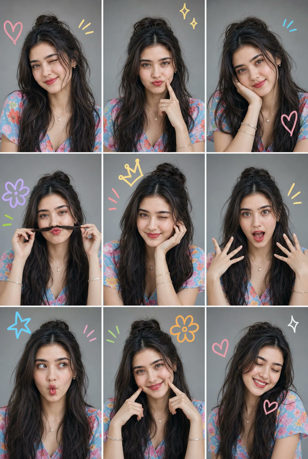 A nine-panel photo collage featuring the same person in each frame with…