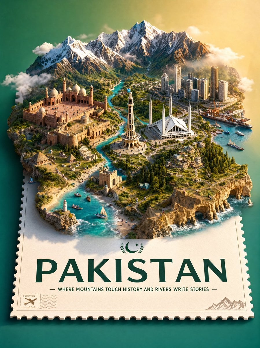 Create a premium stylized 3D isometric travel poster of Pakistan design…