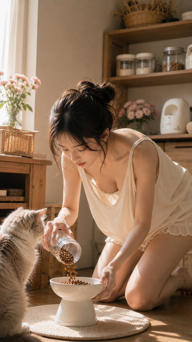 主題： 猫にごはんをあげる朝 人物・表情： 20代女性。黒茶の髪をラフなお団子にまとめ、透け感のある前髪と後れ毛が頬や首元に自然にかかっている…
