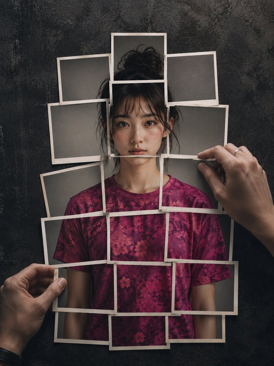 Hyperrealistic 8K photograph of a human figure composed of instant phot…