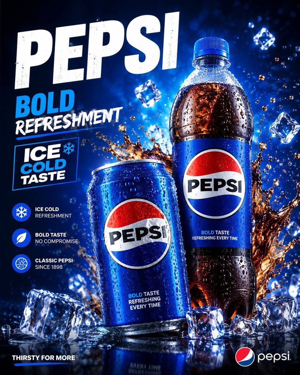 Create a premium Pepsi drinks packaging advertisement poster with a bol…