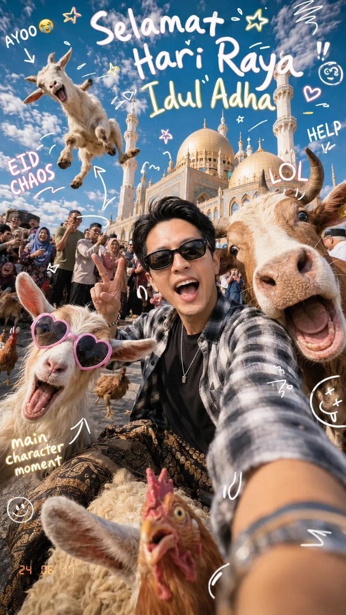 Ultra-realistic super cute chaotic Eid al-Adha selfie photograph in fro…