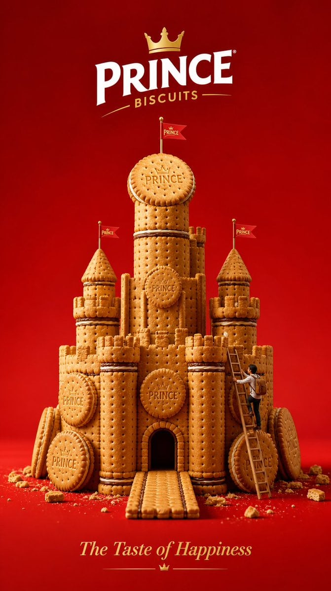 Design a minimalist luxury 3D advertising poster for Prince Biscuits. T…