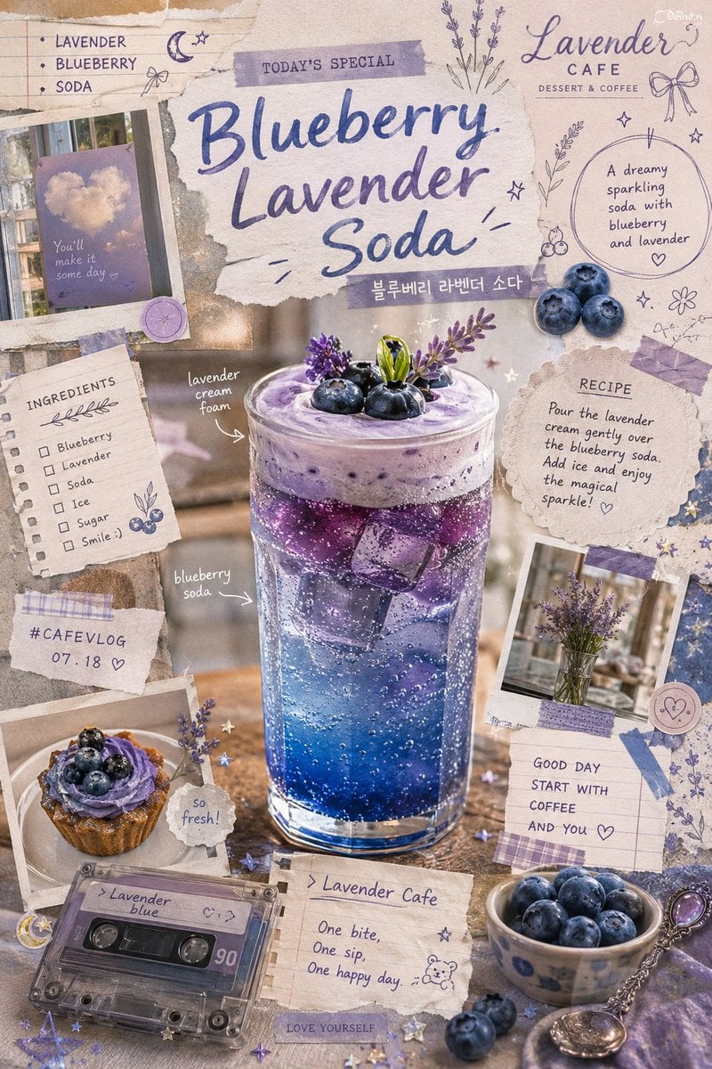 Vintage-inspired blueberry lavender soda scrapbook poster, dreamy artis…