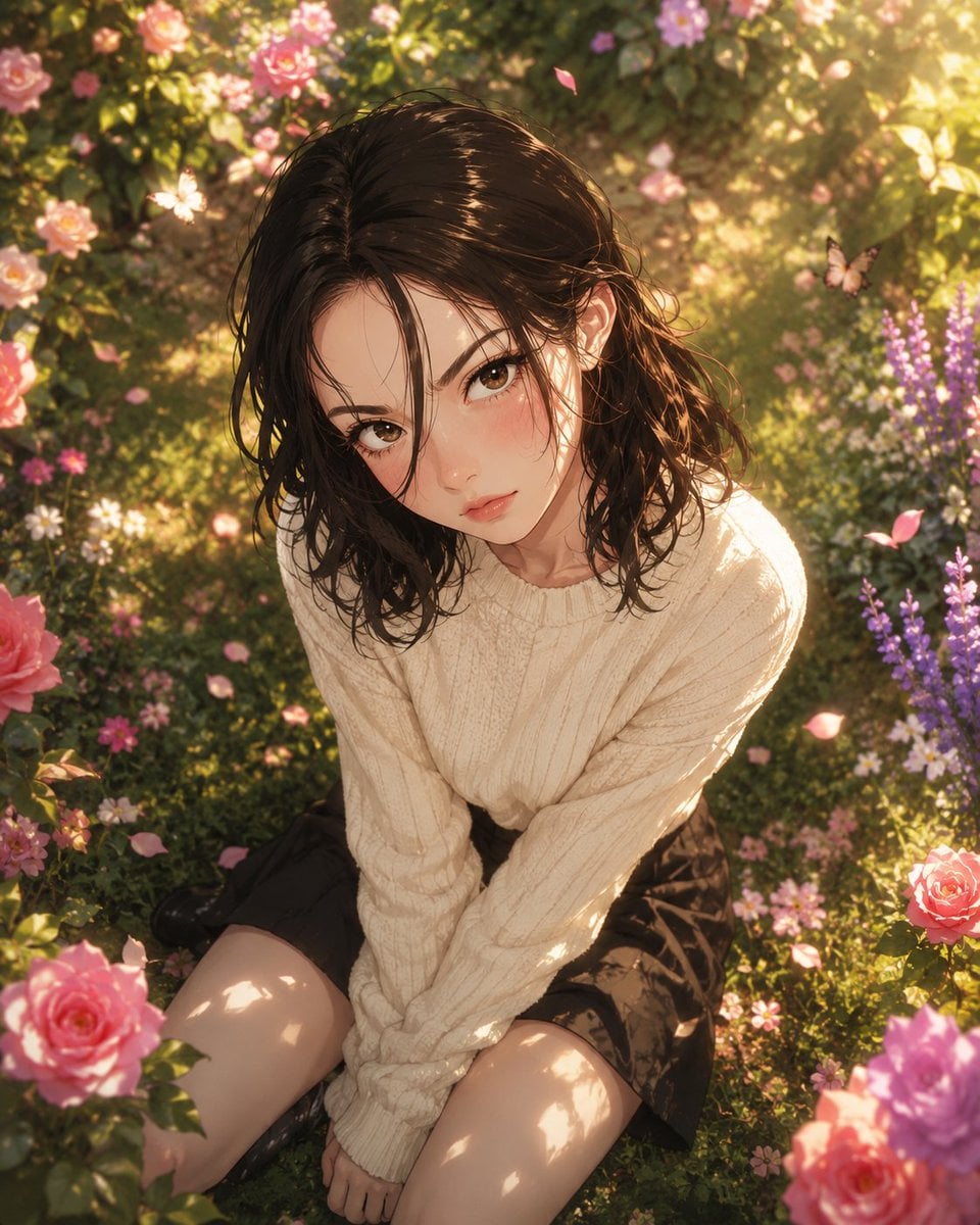 A breathtakingly beautiful young anime woman sitting gracefully in a lu…
