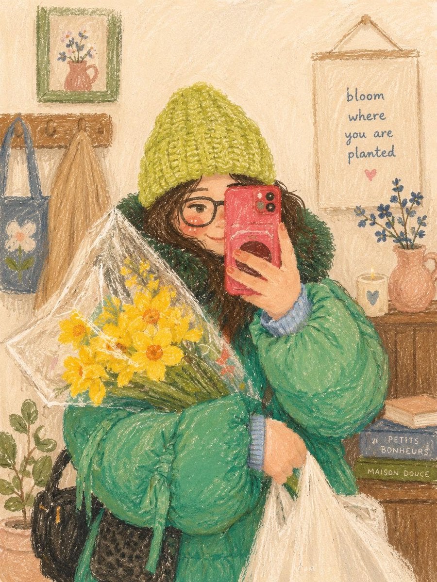 Cute cozy oil pastel illustration, soft textured crayon art style, aest…