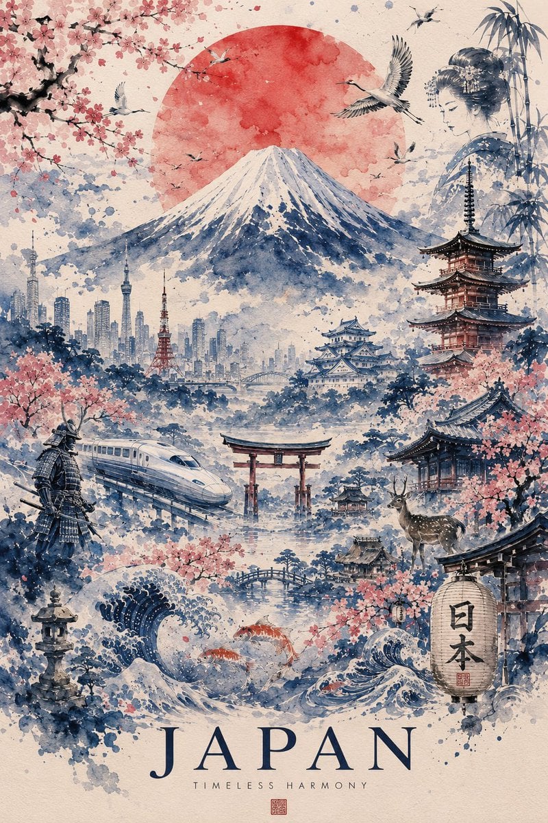 Ultra-detailed watercolor travel poster of Japan, painted in a refined …