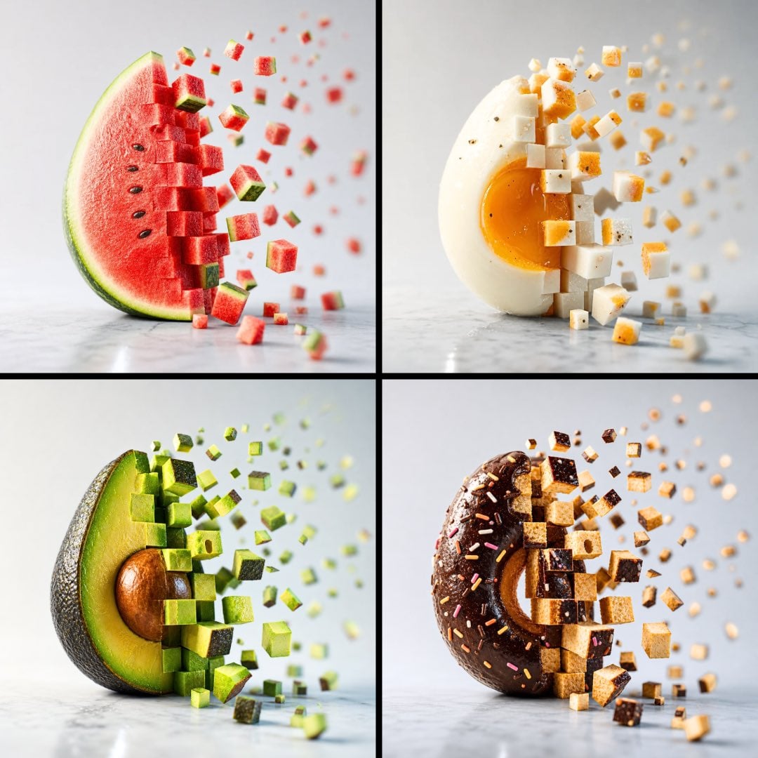 Minimalist food photograph — a single [Food] sits on a cool white honed…