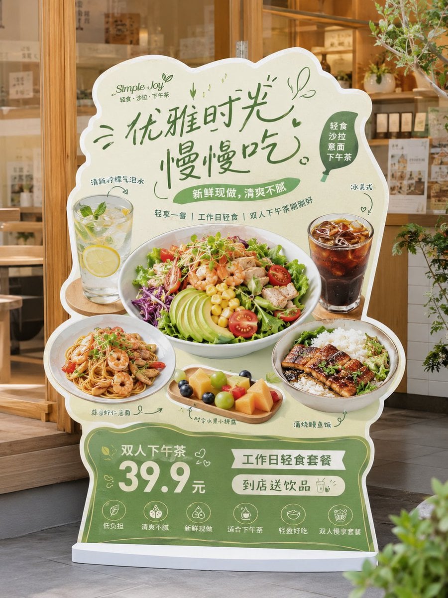 请生成一张高完成度的「餐饮异形展架 / 立牌」设计图，用于展示餐饮门店的新品推荐、招牌产品、套餐促销或品牌活动信息。 【基础信息】 品牌名：[…