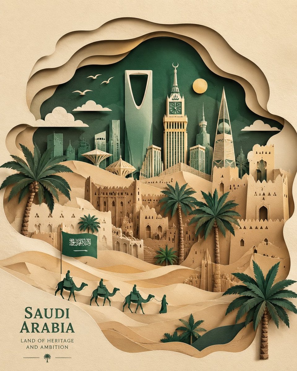 Saudi Arabia paper-cut illustration, layered paper art style, desert du…