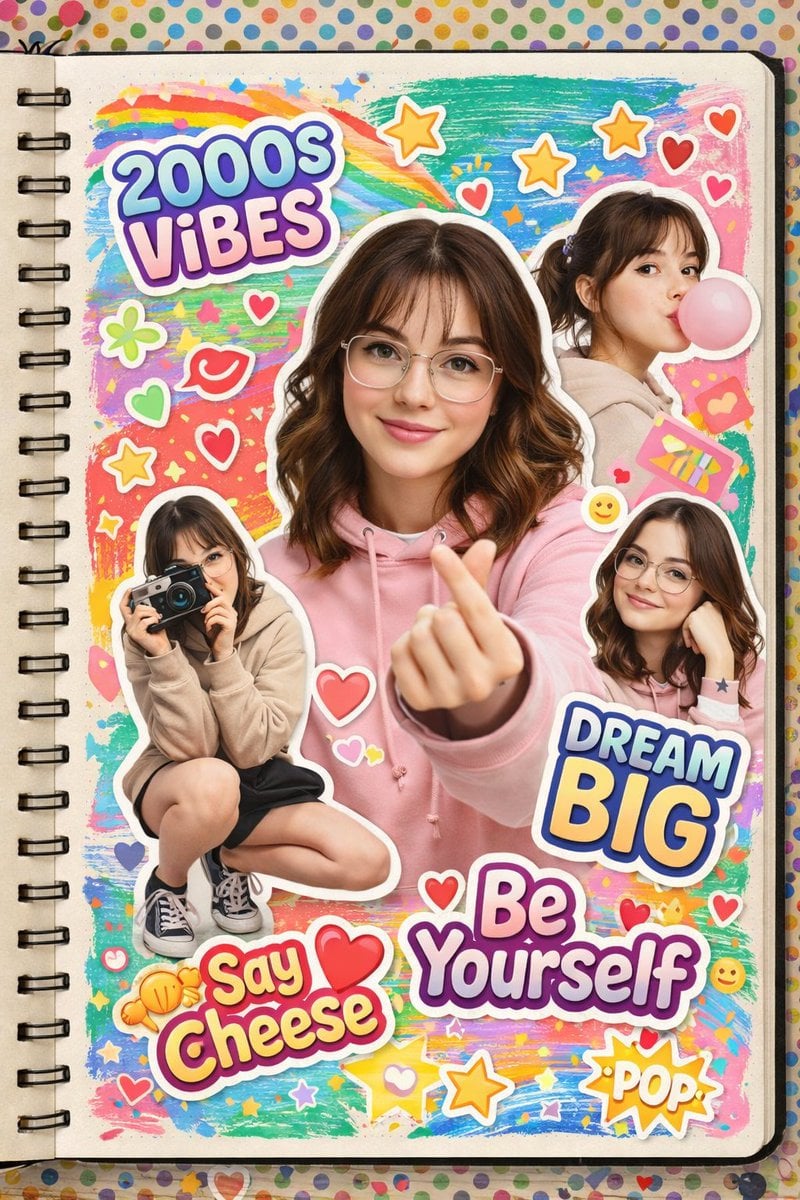 A vibrant 2000s scrapbook-style collage featuring the same young woman …