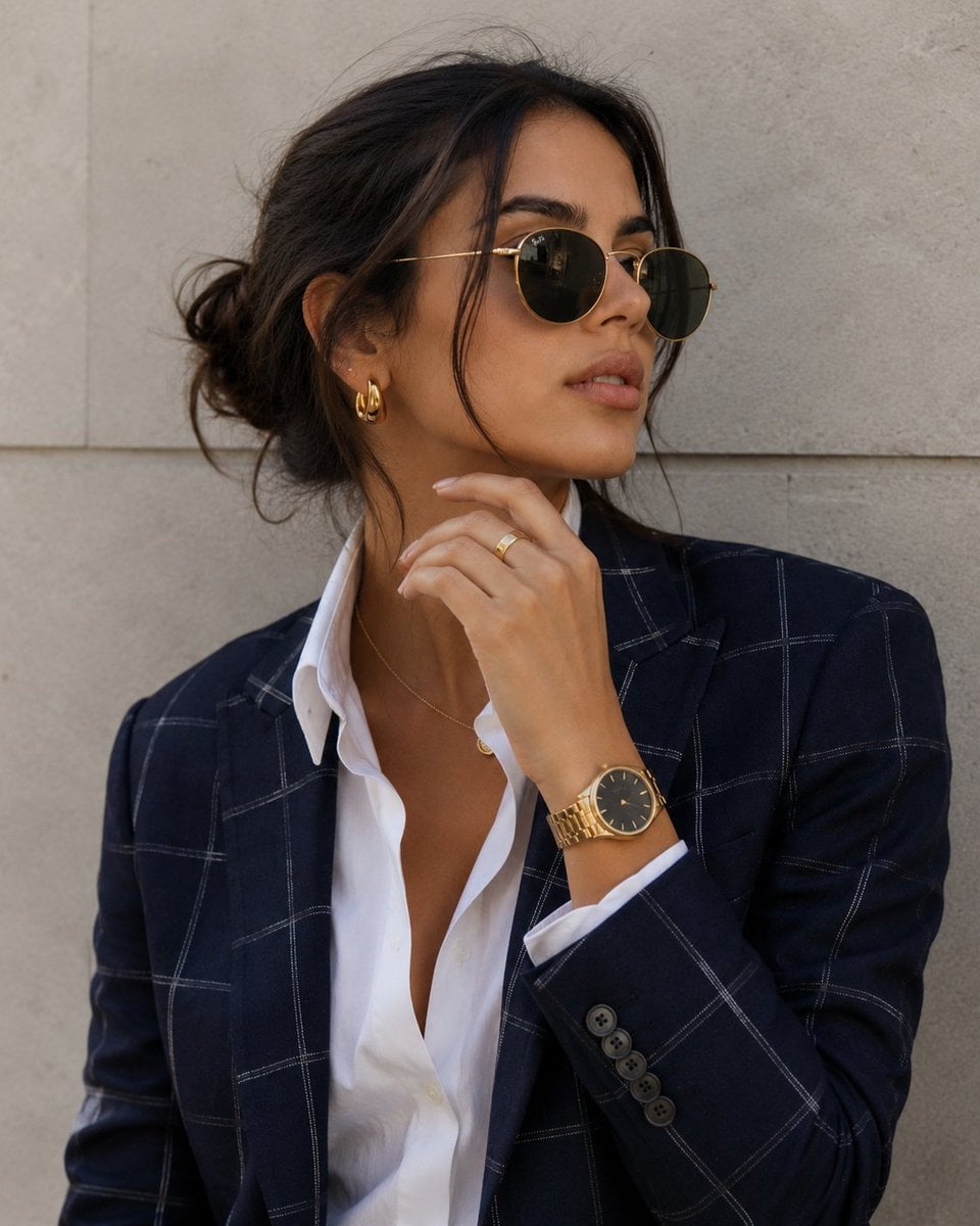 A close-up portrait of a stylish woman with softly tousled dark hair ga…