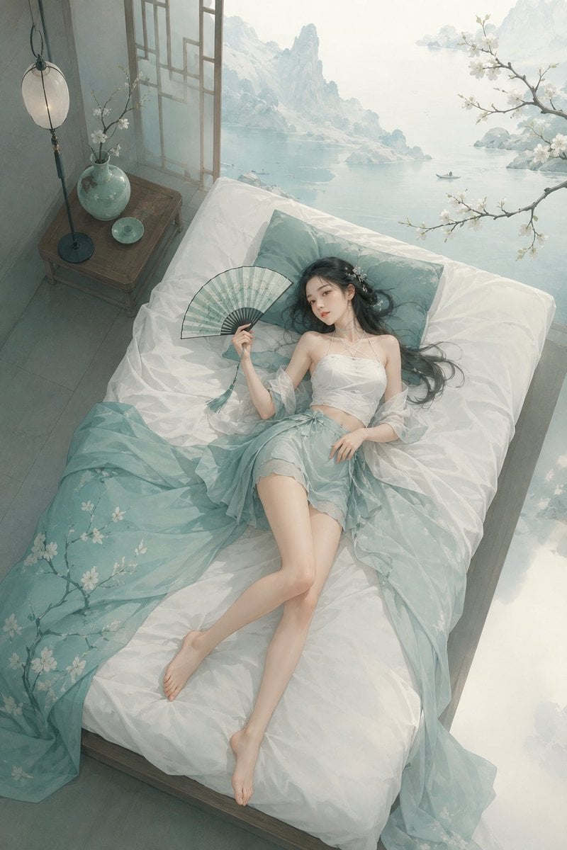 极简东方禅意半写实插画，主体为[主体]，青绿颜色体系，较强饱和对比，画面空灵静谧，大面积留白，带轻雾感、静止空气感和朦胧远景层次，可结合极简空…