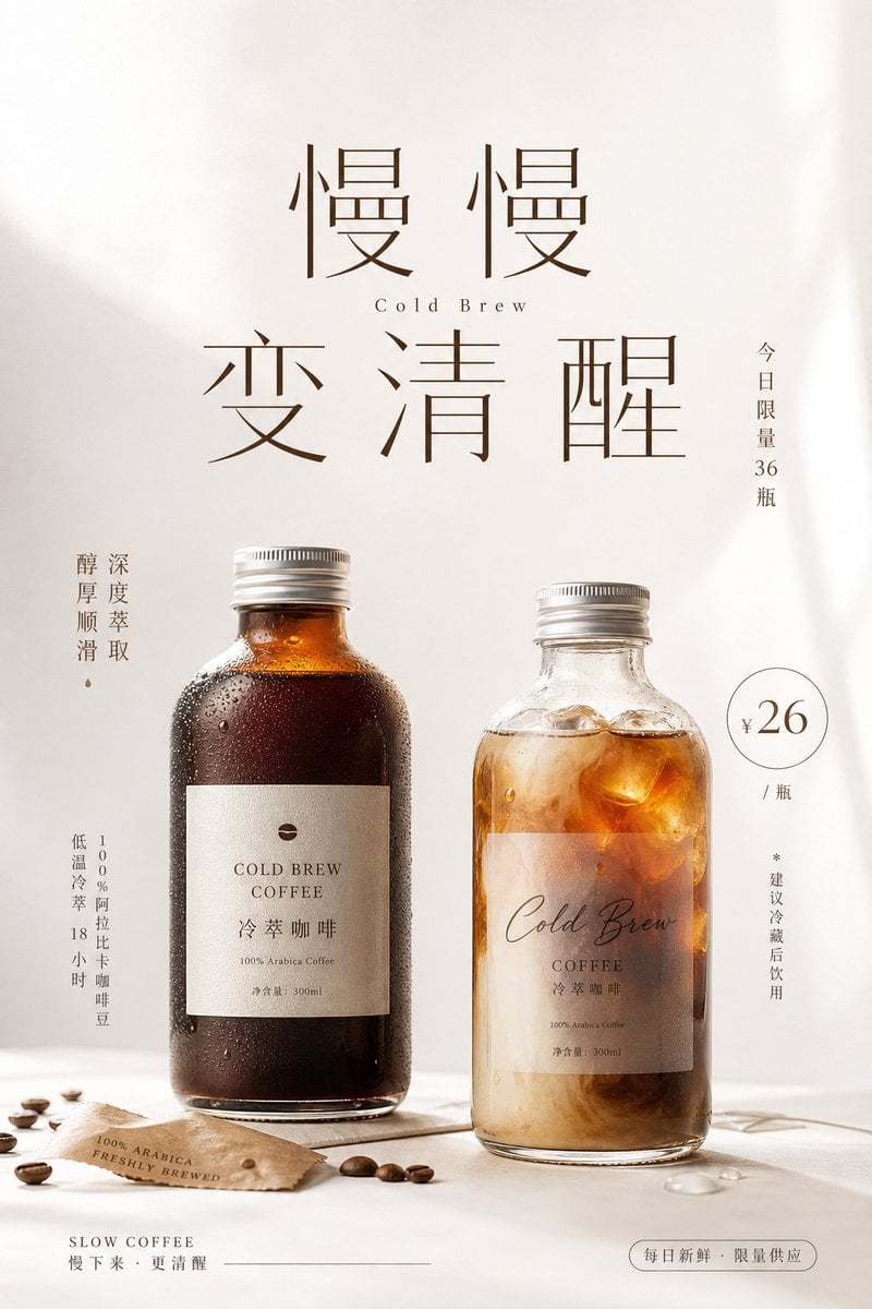 围绕[主题对象]生成一张明亮清透的商业信息视觉：上方保留大面积呼吸空间，中心以极大的中文主题字作为第一视觉，字距疏朗、笔画克制，少量外文或副标…