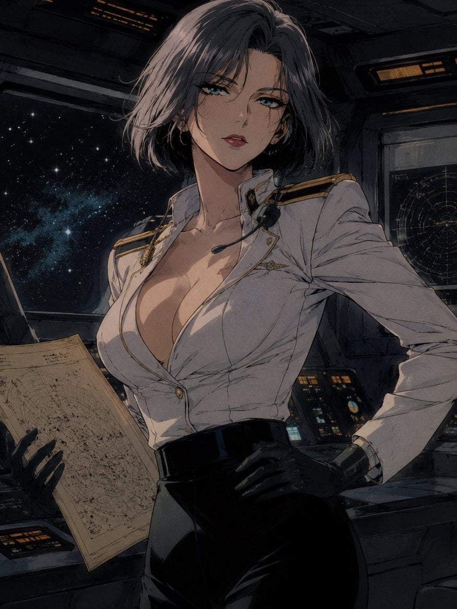 A beautiful adult woman, age 30, with retro space captain energy, short…