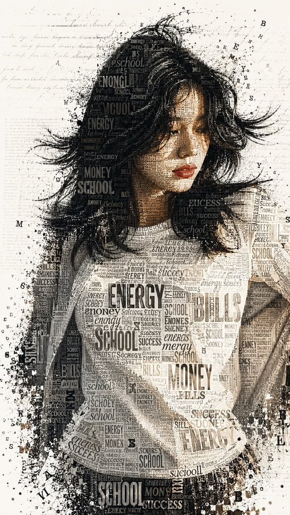 A striking typographic portrait of a young woman with a thoughtful, thr…