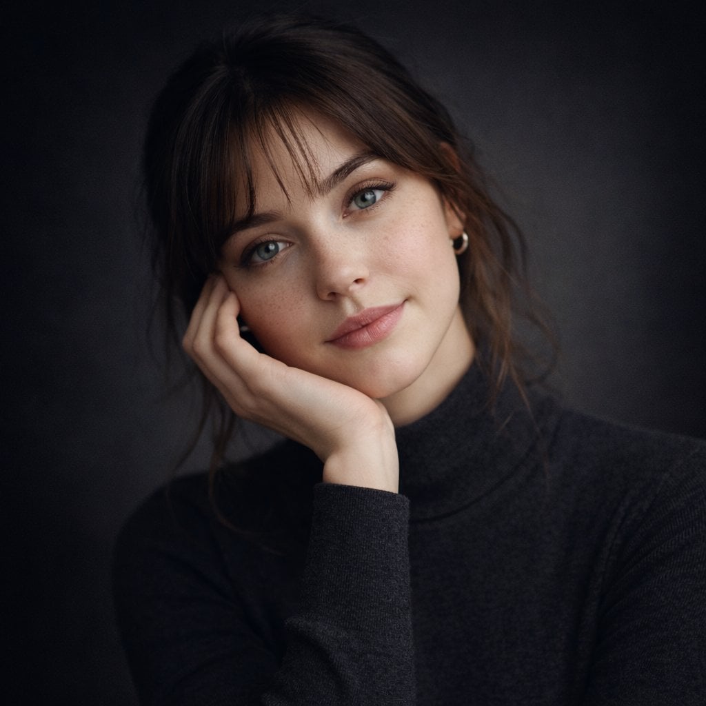 Ultra-realistic studio portrait of a young woman, front-facing, centere…