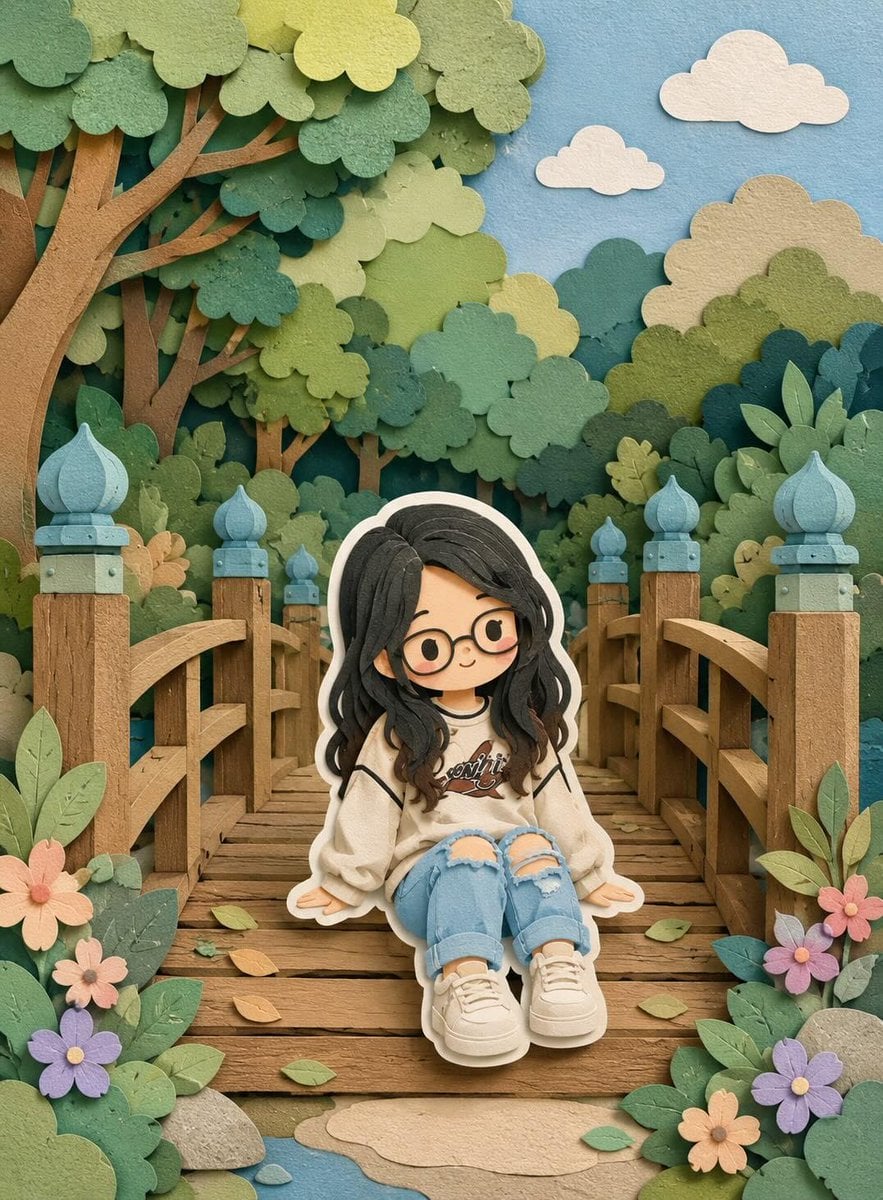 Cute layered paper-cut art style illustration of a chibi girl with big …