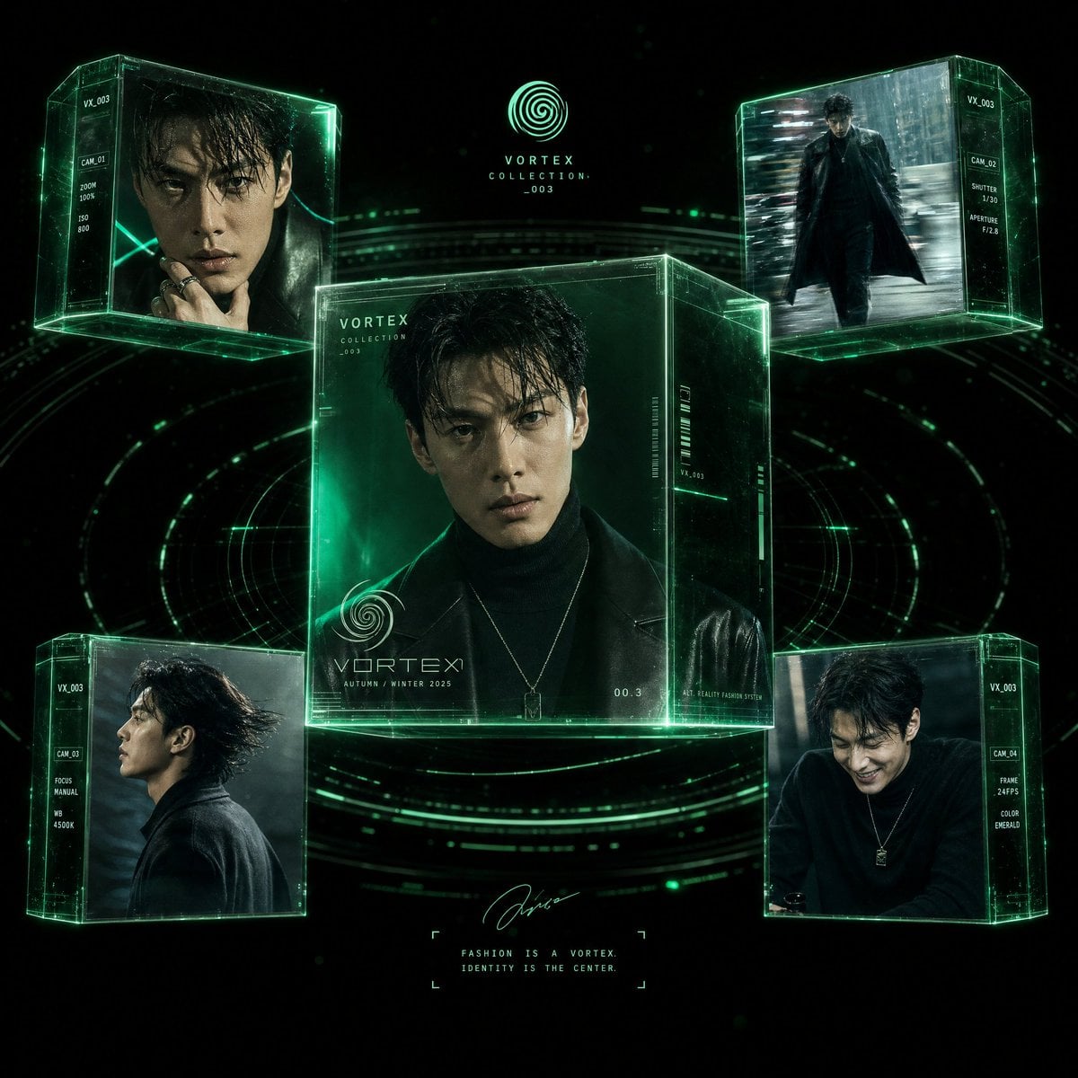Hyper-realistic futuristic fashion editorial poster featuring a stylish…