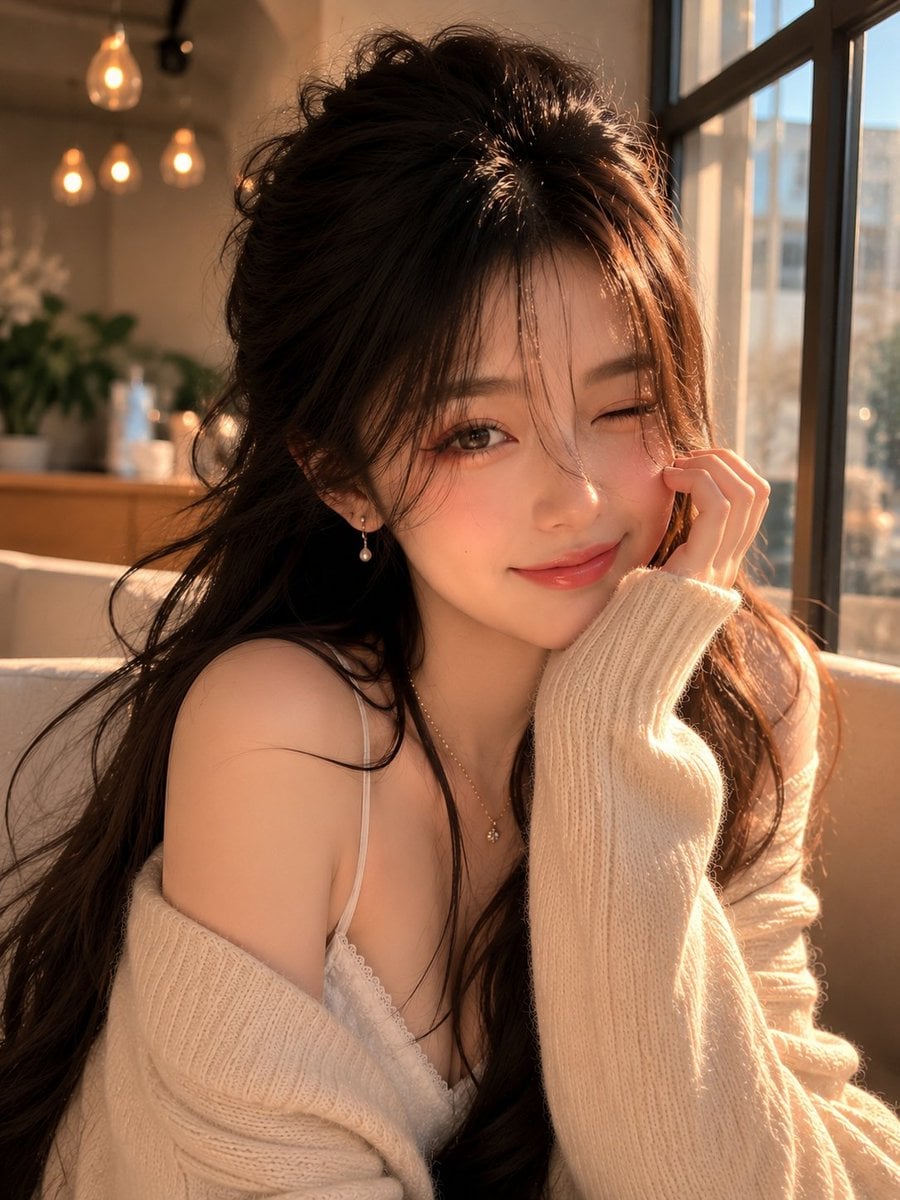 Ultra-detailed portrait of a beautiful young East Asian woman sitting i…