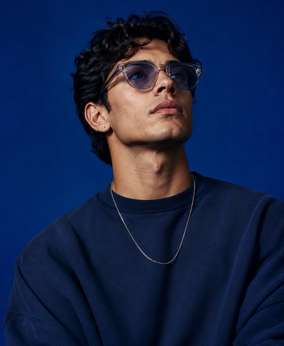 Create a high-end studio fashion portrait inspired by the uploaded blue…