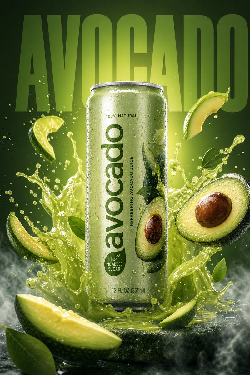 A high-resolution, vibrant product ad featuring a (avacado ) flavored b…