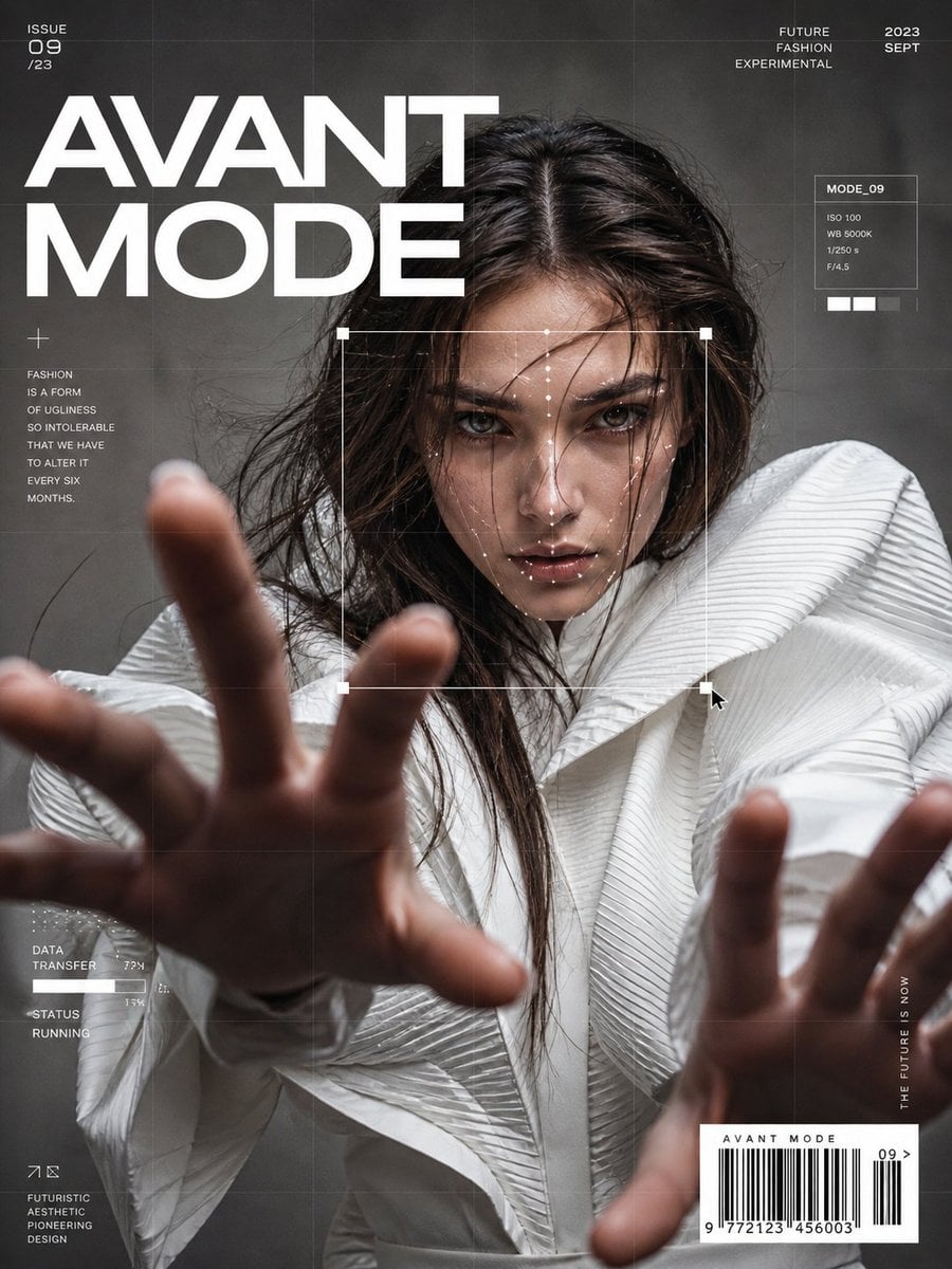 Ultra-realistic fashion editorial portrait of a confident woman in avan…