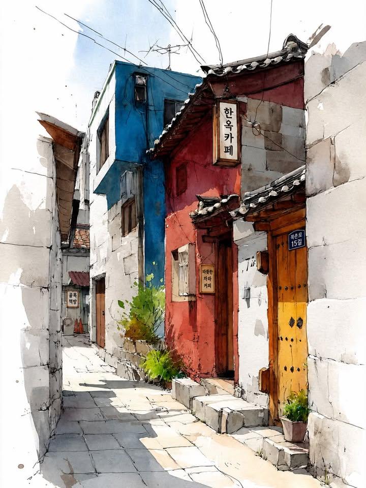Watercolor urban sketch, narrow alley in traditional Korean hanok villa…