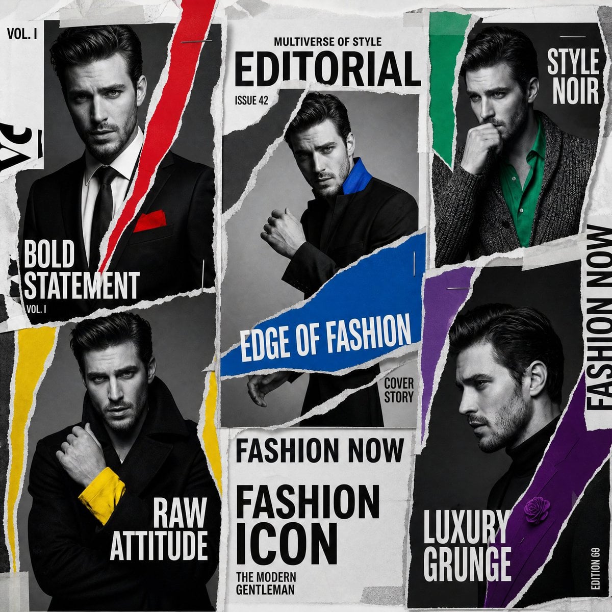 A luxury editorial multi-cover layout featuring the same male model in …