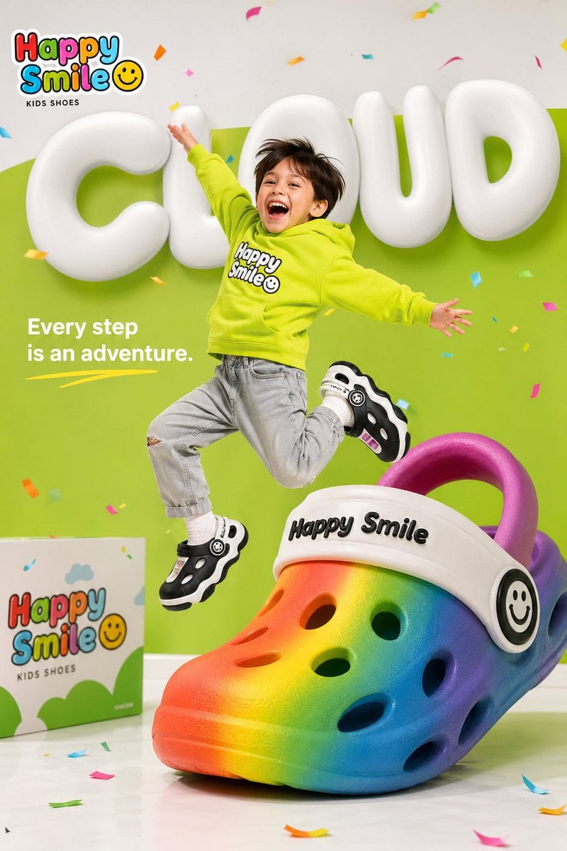 Bright colorful children's shoe brand advertisement for "Happy Smile☺️"…
