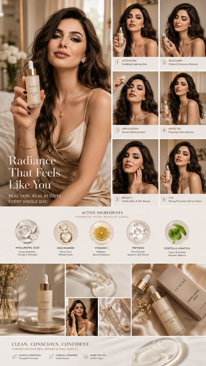 Luxury skincare UGC campaign mood board, designed around the same young…