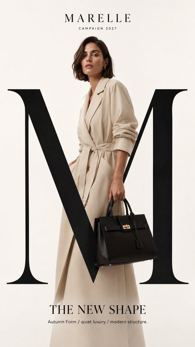 Create a high-end luxury fashion campaign mockup with strong typography…