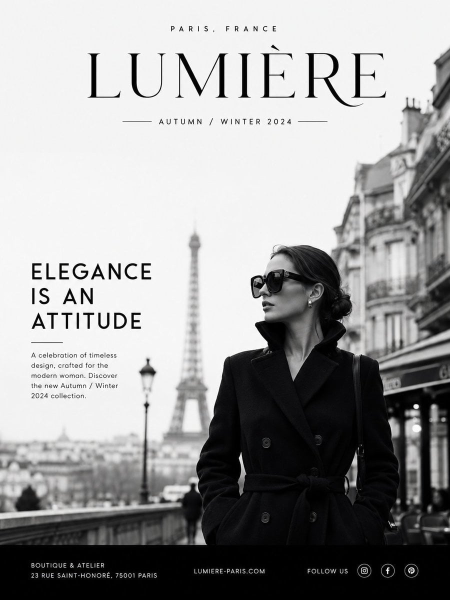 Create a premium luxury fashion advertisement in a minimalist Parisian …