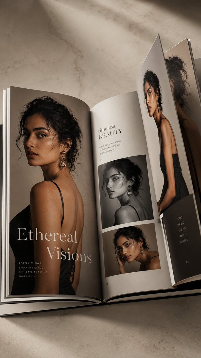 Luxury photorealistic coffee table book, open to two pages, showcasing …