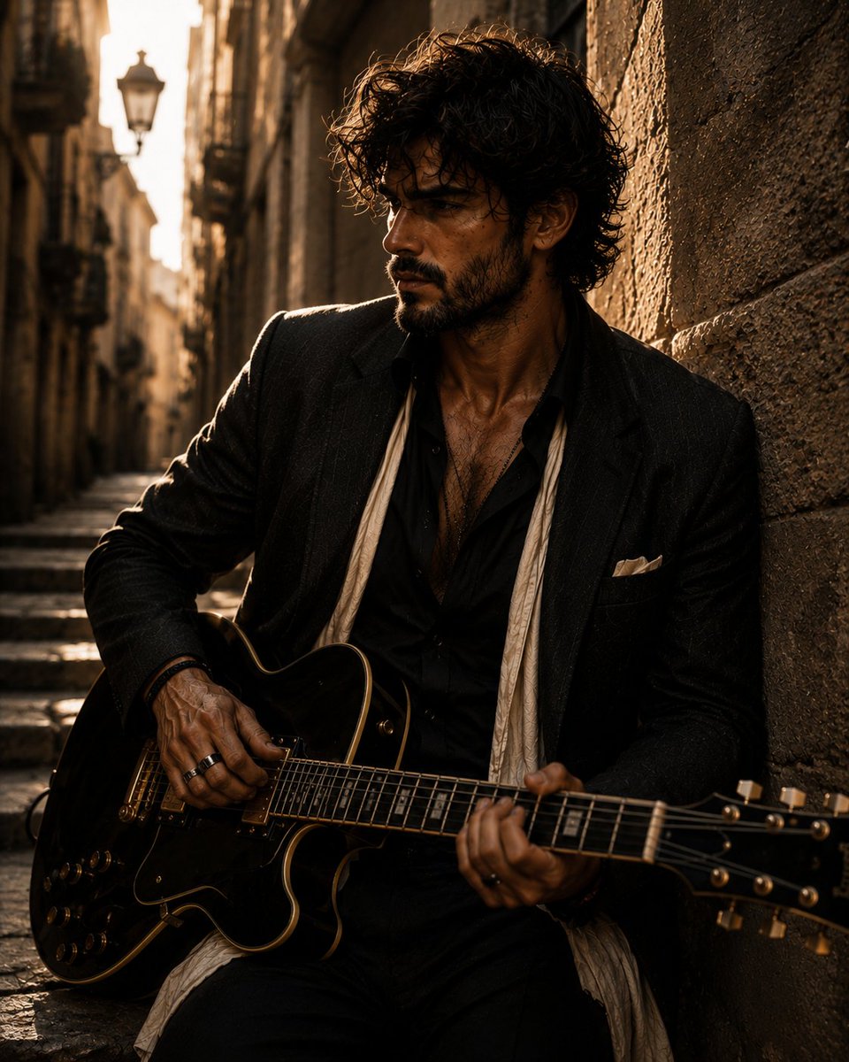 Create a hyper-realistic cinematic portrait of an intense, stylish man …