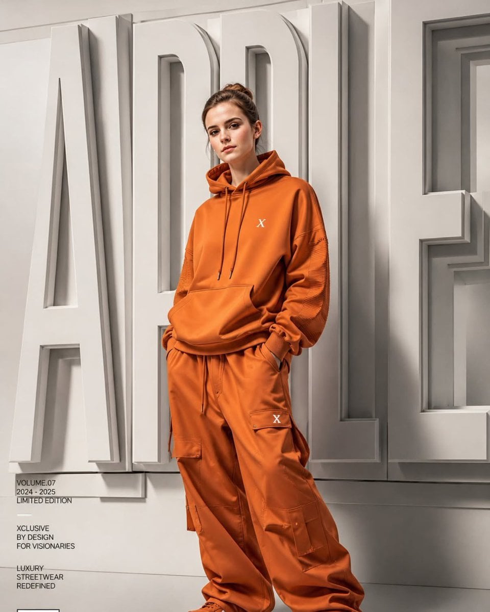 A high-end fashion campaign poster featuring a young model standing con…