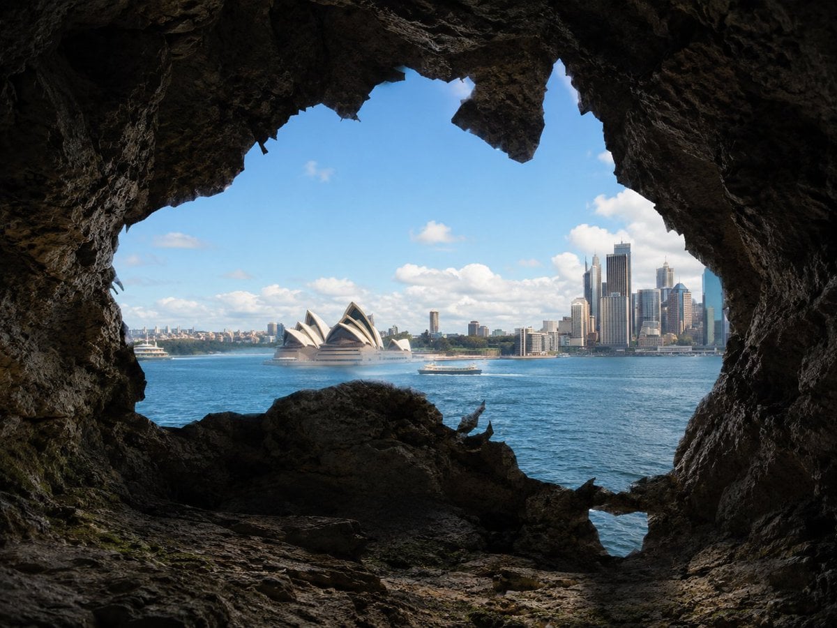 Create a photorealistic image viewed from inside a natural rocky cave l…